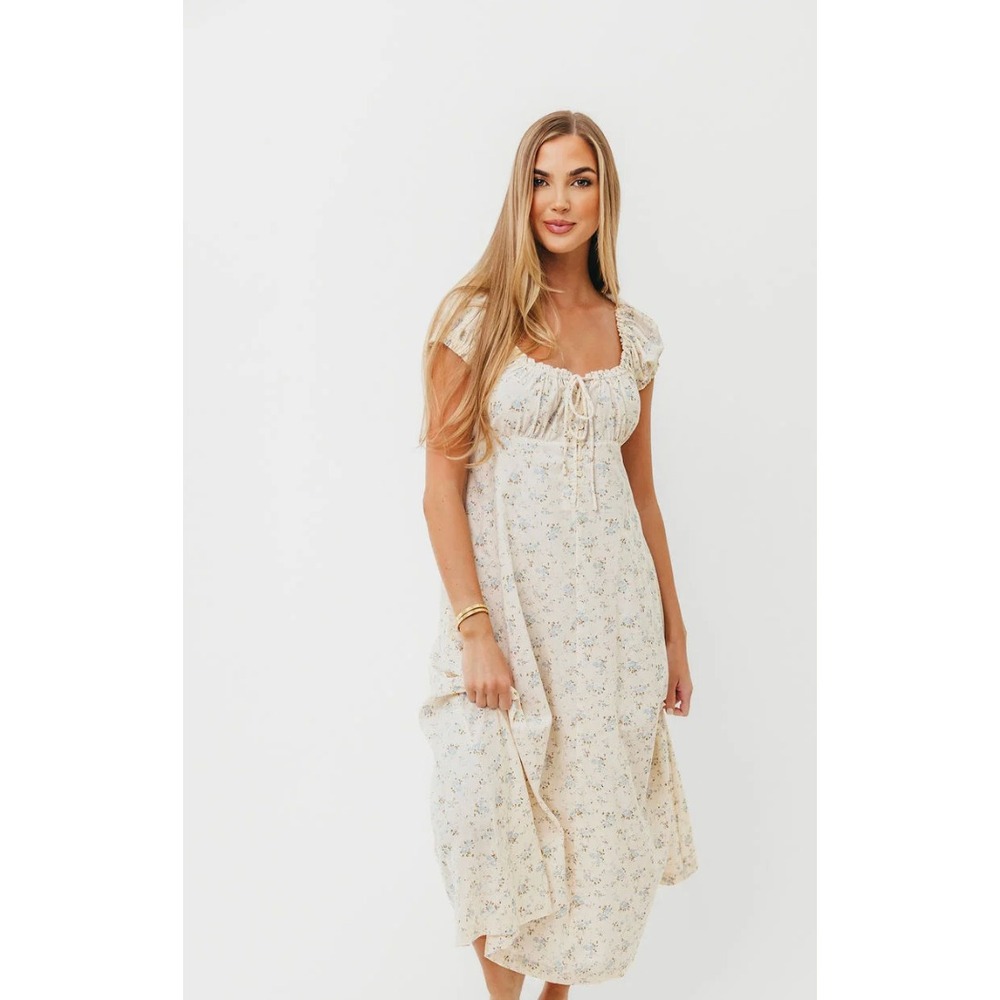 NWT Worth Collective Marley Midi Dress Women's Medium Ivory Blue Floral Pockets